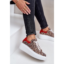 Zazoo Leopard Leopard Läder Platform Sneakers 3346 Brun-Röd 7