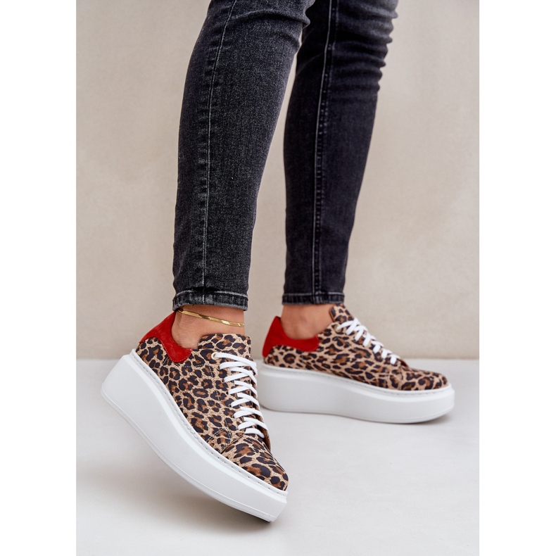 Zazoo Leopard Leopard Läder Platform Sneakers 3346 Brun-Röd 2