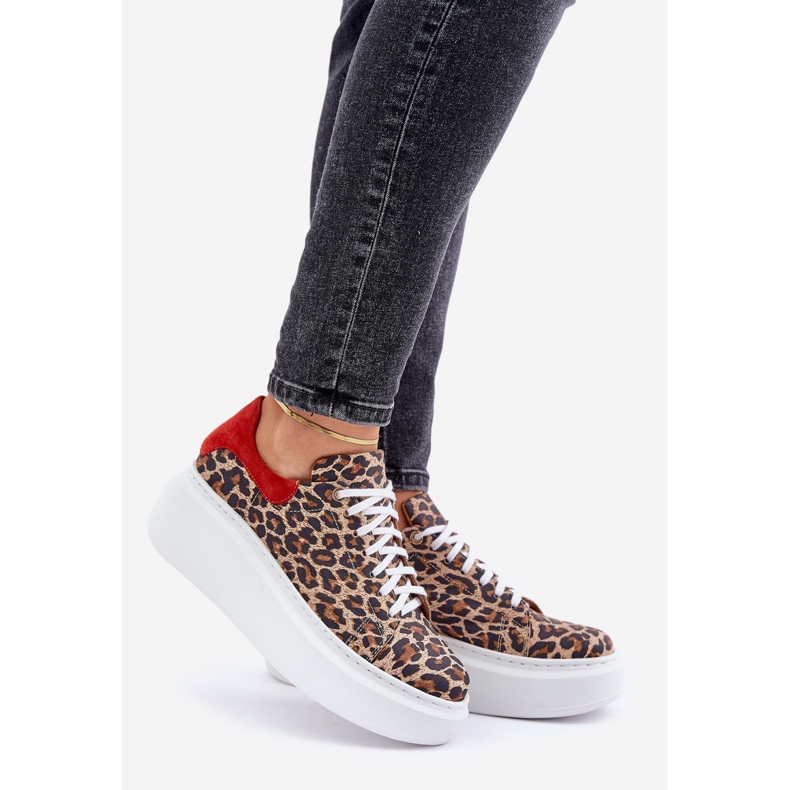 Zazoo Leopard Leopard Läder Platform Sneakers 3346 Brun-Röd 1