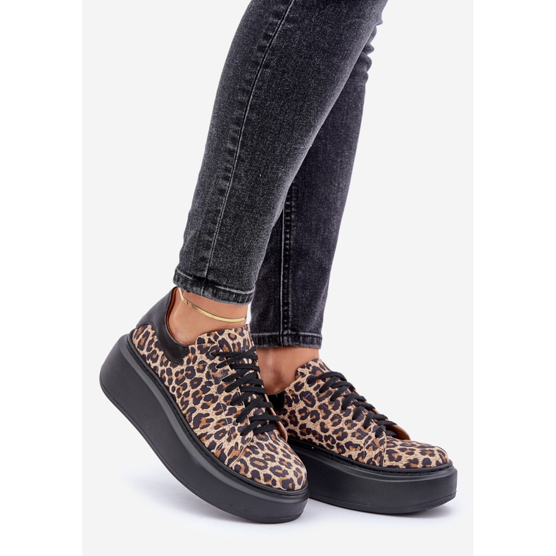 Leopard Leopard Läder Platform Sneakers Zazoo 3346 Brun-Svart 1
