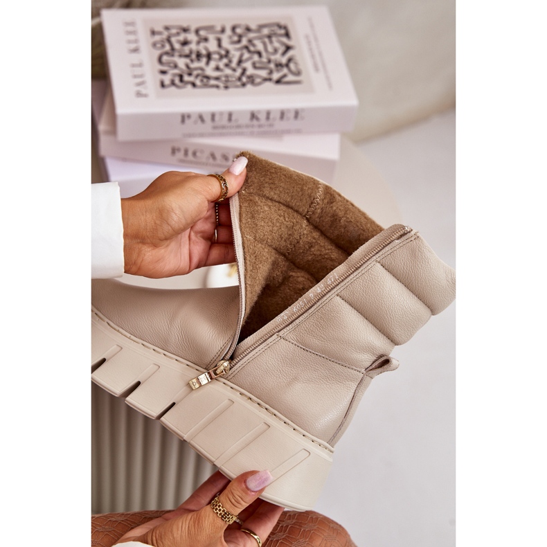 Zazoo 60512 Läderstövlar för kvinnor med dragkedja, varma med filt, ljusbeige 2