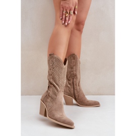 Genombrutna cowboystövlar på hög klack, mörkbeige 2