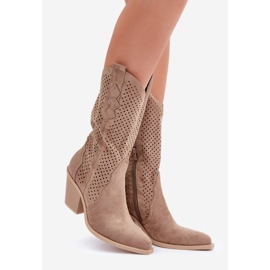 Genombrutna cowboystövlar på hög klack, mörkbeige 1