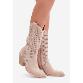 Genombrutna Cowboystövlar På Hög Klack, Ljus Beige 1