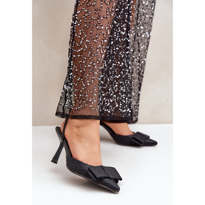 Glänsande svarta höga klackar med rosett 2
