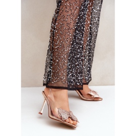 Genomskinliga högklackade sandaler med glänsande rosett, roséguld gyllene 2