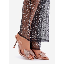 Genomskinliga högklackade sandaler med glänsande rosett, roséguld gyllene 1