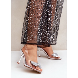 Genomskinliga silver sandaler med hög klack med en glänsande silver rosett silver- 2