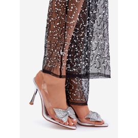 Genomskinliga silver sandaler med hög klack med en glänsande silver rosett silver- 1