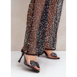 Transparenta högklackade sandaler med en glänsande rosett, svart 1