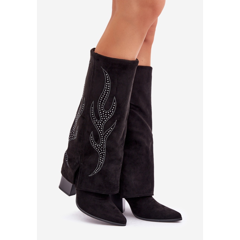 Dekorerade stövlar med uppvikt ovandel på hög klack, svarta 1