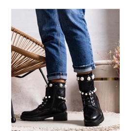 Solea Svarta ankelstövlar med snörning för kvinnor med pärlor 1