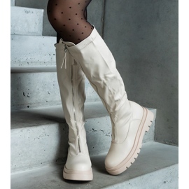 Beige stövlar i ekoläder med platt klack dekorerade med dragkedja 2