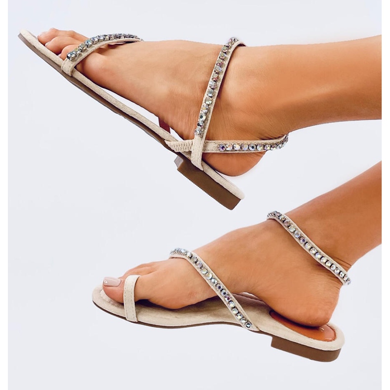 Kvinnors sandaler flip -flops med strass beige 1