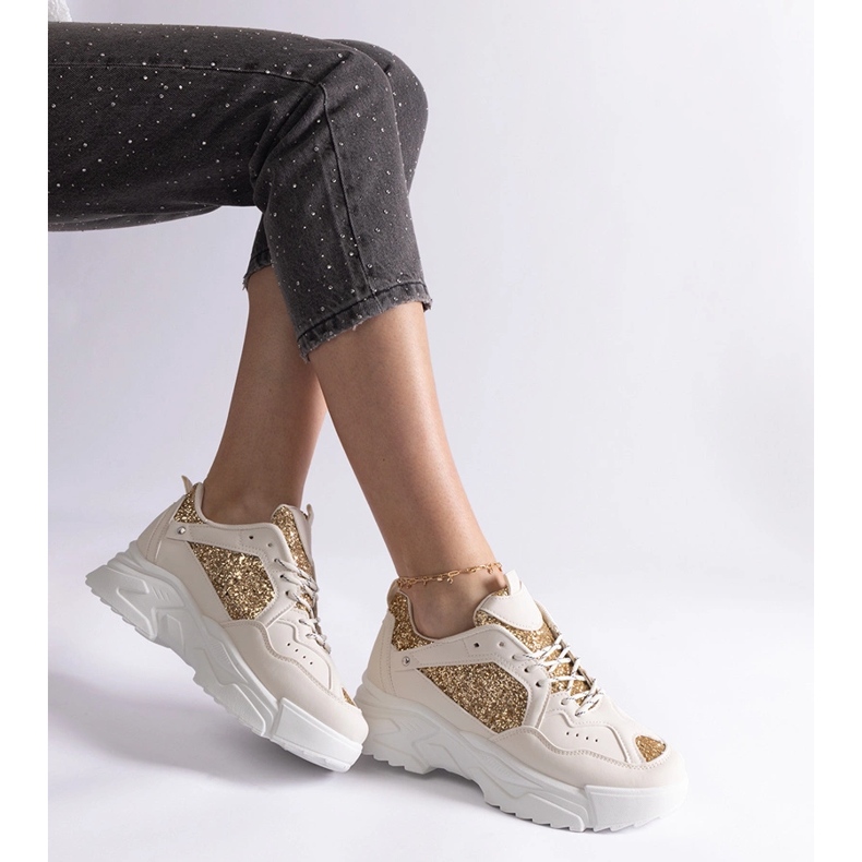 Beige damsneakers med glitterinlägg 2