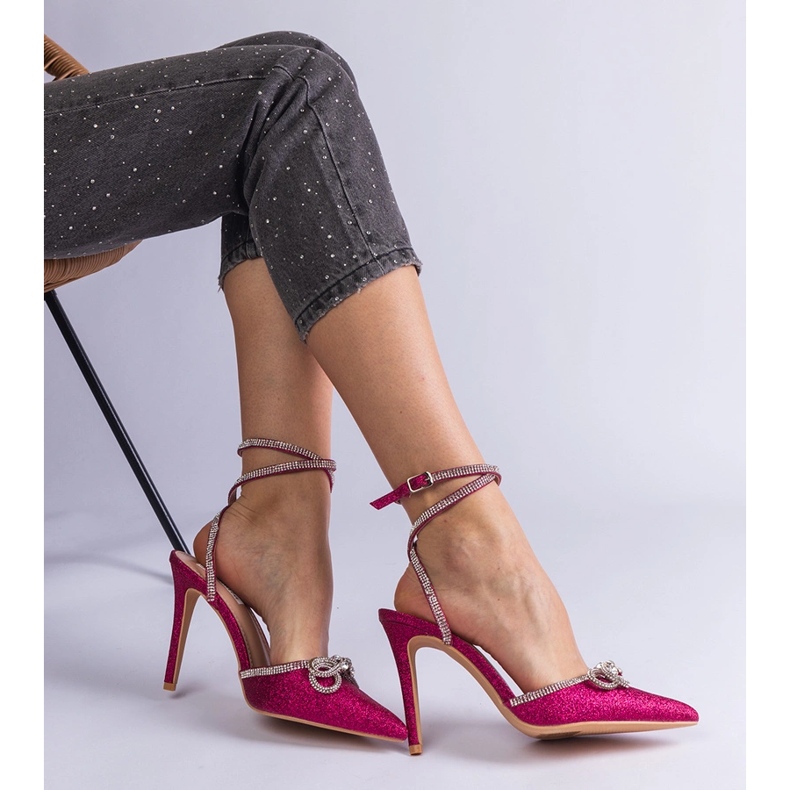 Rosa glitter höga klackar med en båge och zirkoner 1