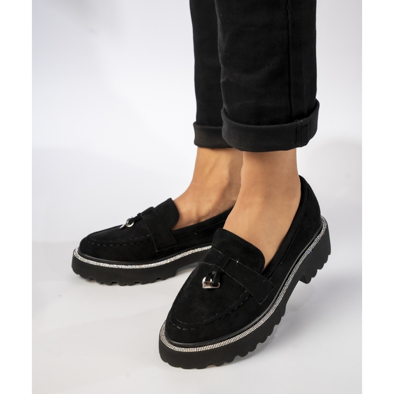 Kvinnors svarta mocka loafers med zirkoner 1