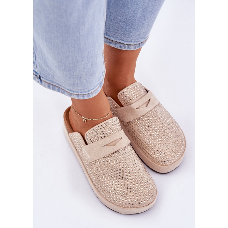 Kvinnors tofflor dekorerade med zirkoner på plattformen beige 2