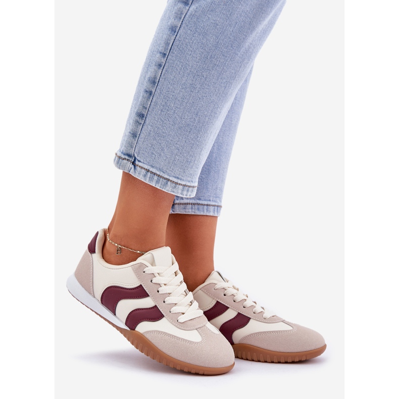 Klassiska kvinnors sneakers med Eco Leather Beige-Burgundy 1