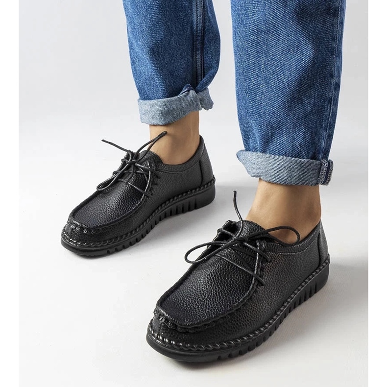 Kvinnors svarta läderarbetare med tjock sula, naturligt läder 1