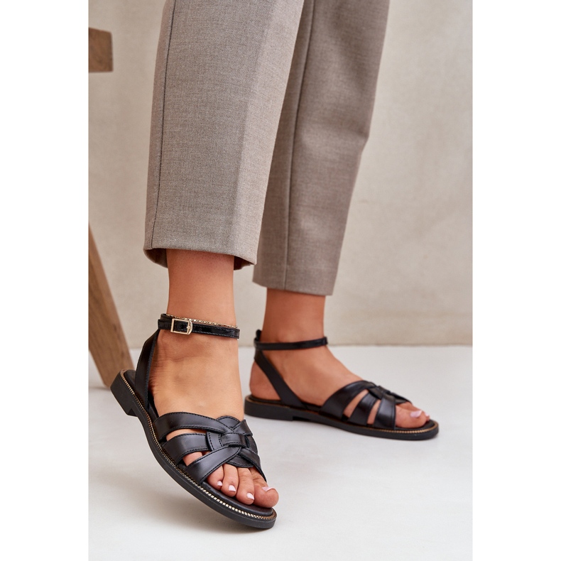 Kvinnors lädersandaler med platta klackar Zazoo 3688 Svart 2