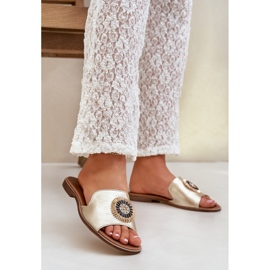 Lewski Shoes Läder flip flops med platt -hacked Lewski złote gyllene 2