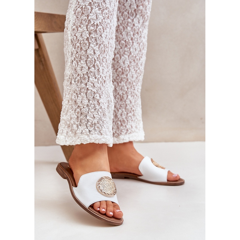 Läderflip flops med platt -hankning av dekoration zazoo 3047/o vit 2