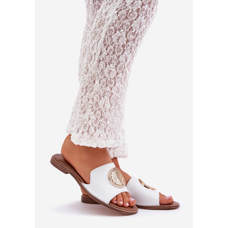 Läderflip flops med platt -hankning av dekoration zazoo 3047/o vit 1