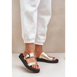 Women's Leather Slippers on the Zazoo 3024 Zloty Platform gyllene 2