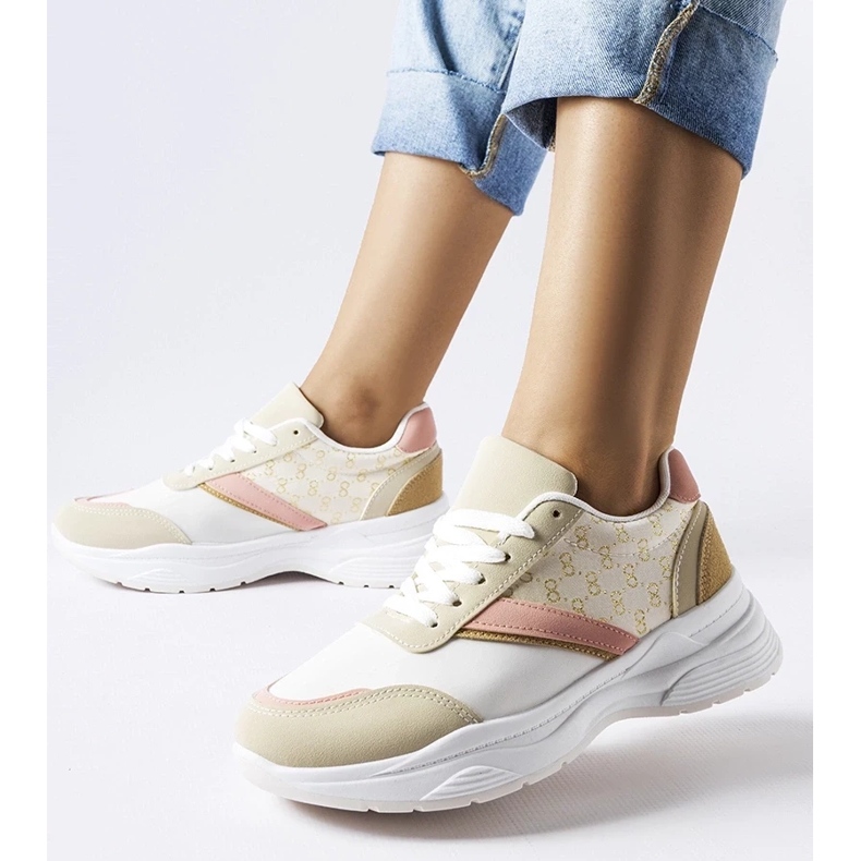 D/GMR Beige och vita sneakers med en guldfärgad accent 2