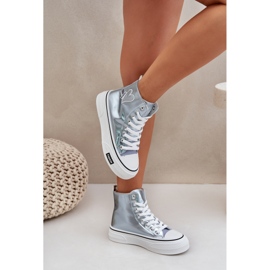 Metalliska höga kvinnors sneakers med hjärtan blå 5