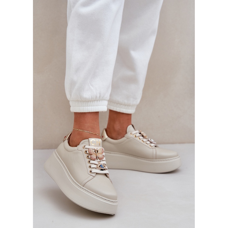 Kvinnors lädersneakers på plattformen med Chebello 4292 Lätt tiggare dekorationer beige 2