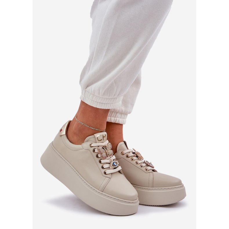 Kvinnors lädersneakers på plattformen med Chebello 4292 Lätt tiggare dekorationer beige 1