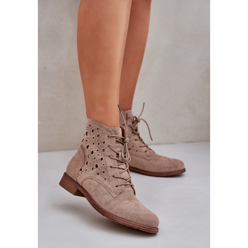S.Barski Suede Lace-Up Boots med ett OpenWork-mönster S. Barski HY51-136 Beige 2