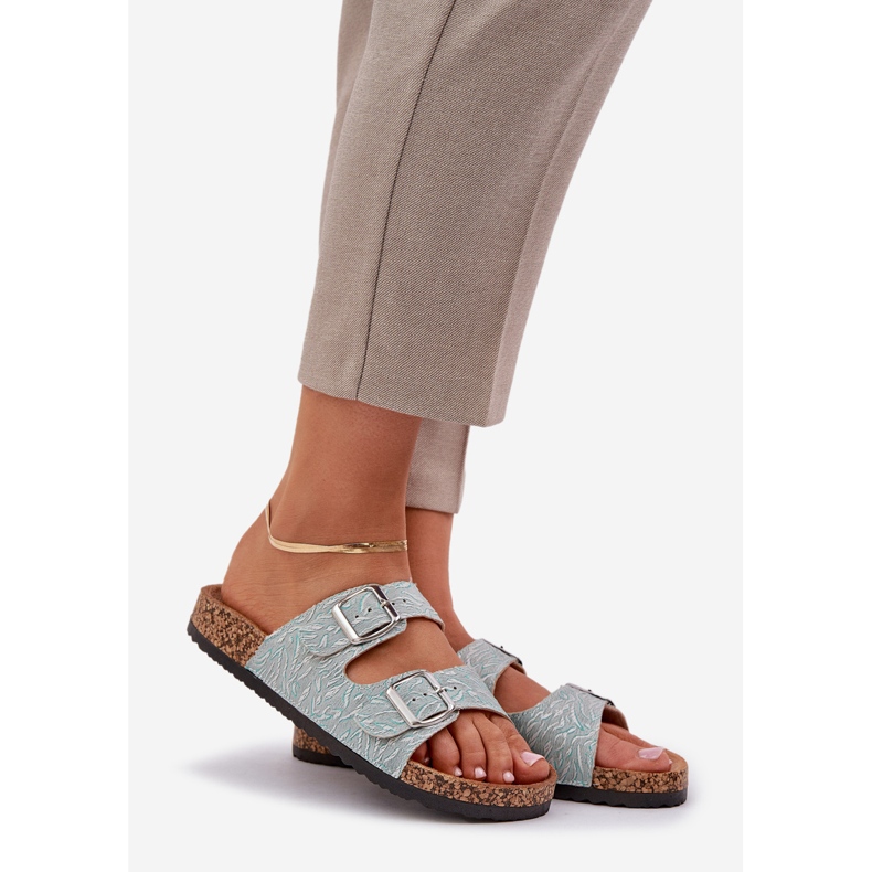 Materialflip -flops på en korksula med mynta spännen grön 1