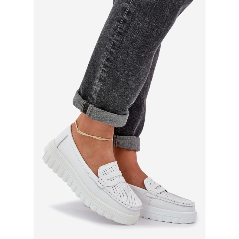 Kvinnors OpenWork Leather Loafers på vit plattform 1