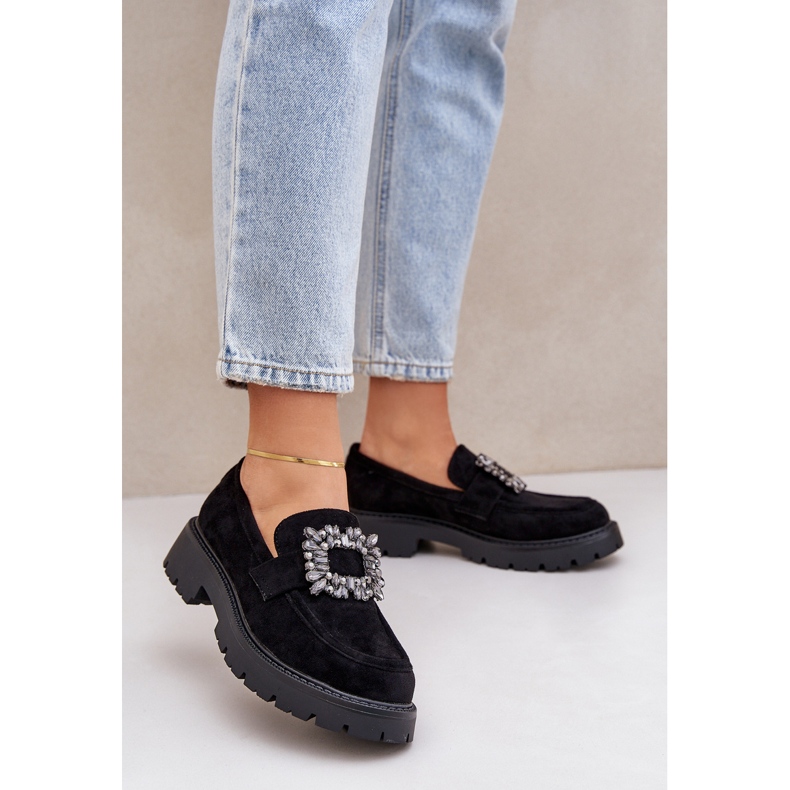 Eco Suede Women's Loafers med en dekorativ brosch svart 2
