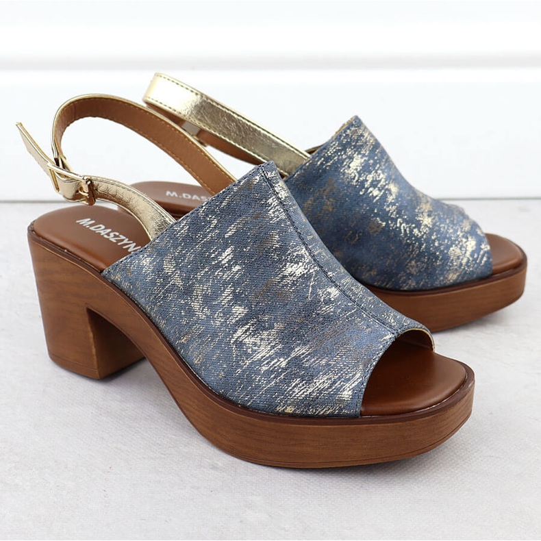 Kvinnors sandaler på pelaren, guldpläterad M. Daszyński MR23126-7 blå 2
