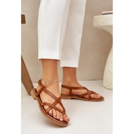 Läder platt sandaler med sammanflätande zazoo 40429 Bruna remmar 2