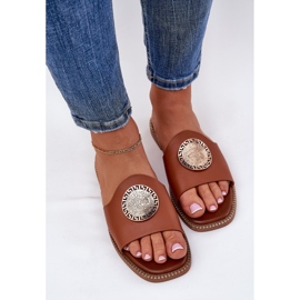 Eco Leather Flat -Heeled Flip Flops with Camel Decoration brun 2