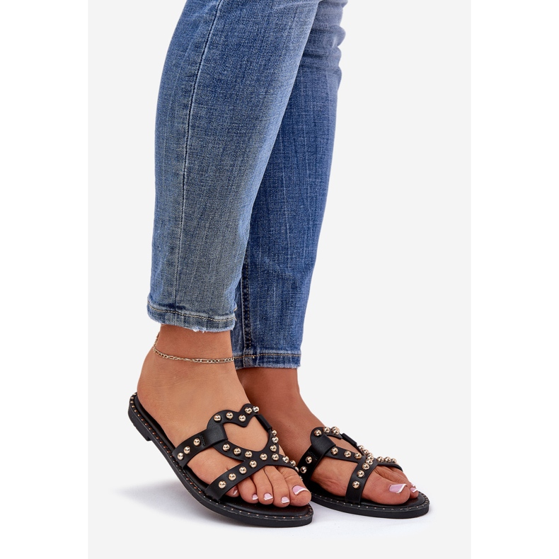 Dekorerade platta kvinnors svarta flip flops 1