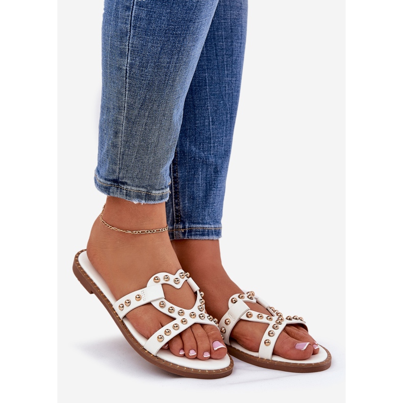 Dekorerade platta vita kvinnors tofflor 1