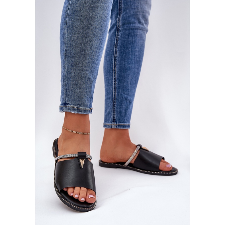 Eco Leather Flat -Heeled Flip Flops med en dekorativ remsa svart rem 2