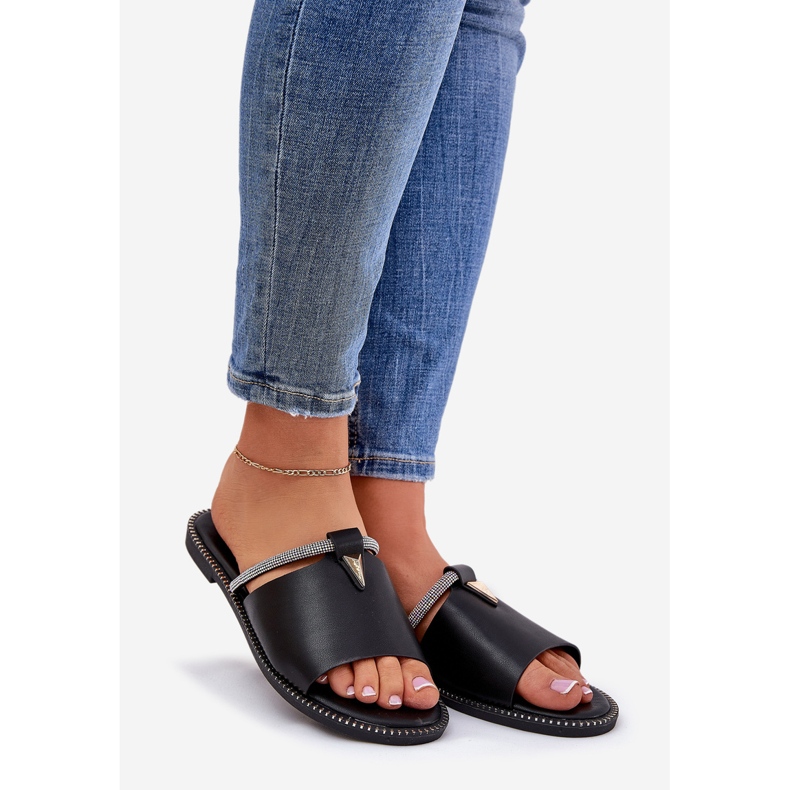 Eco Leather Flat -Heeled Flip Flops med en dekorativ remsa svart rem 1