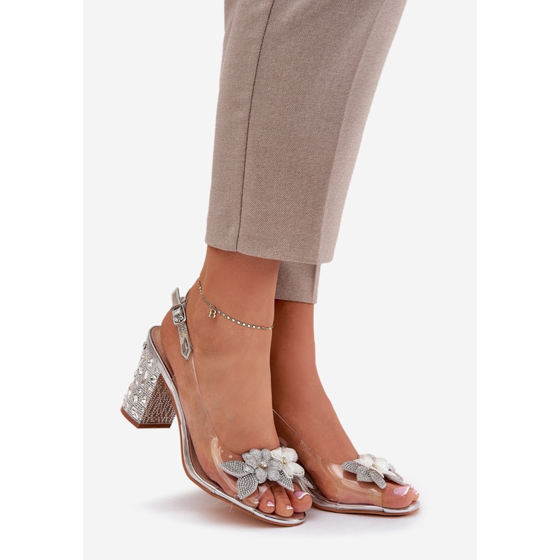 S.Barski Transparenta sandaler med blommor på den dekorerade hälen D&amp;A MR38-331 Silver silver- 1
