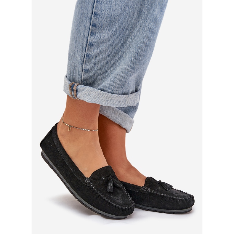 Women's Flat Classic Suede Moccasins S.Barski LR51-548 Black svart 1