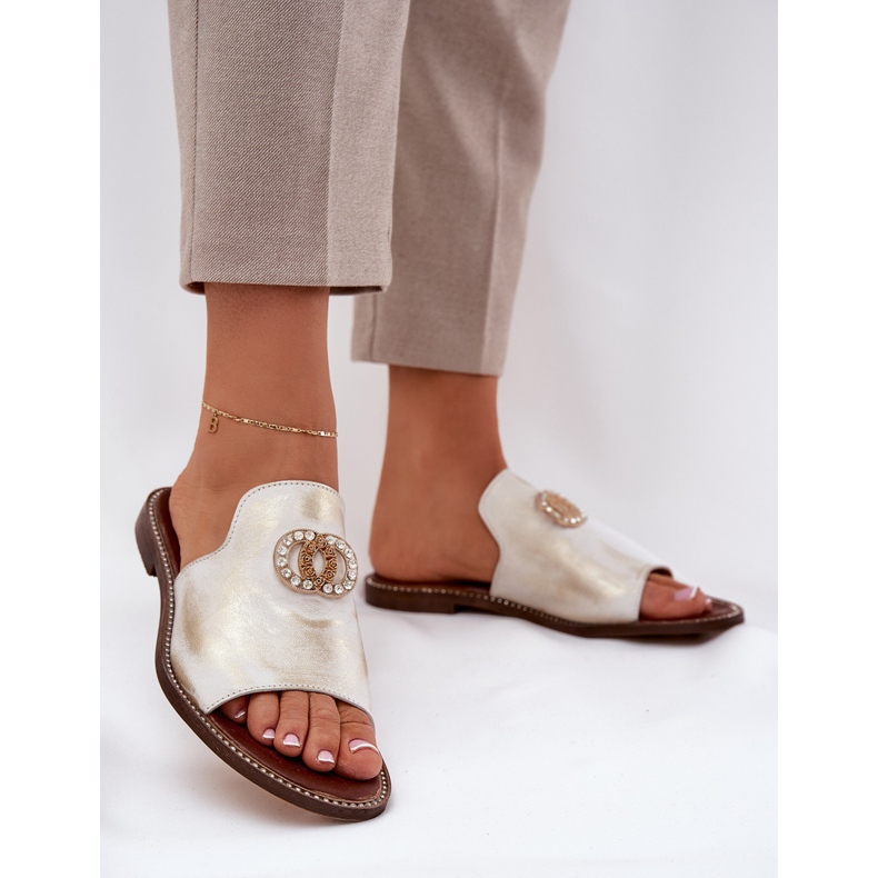 Elegant läderkvinnors flip flops med en zazoo 3008 zloty, torkad gyllene 2