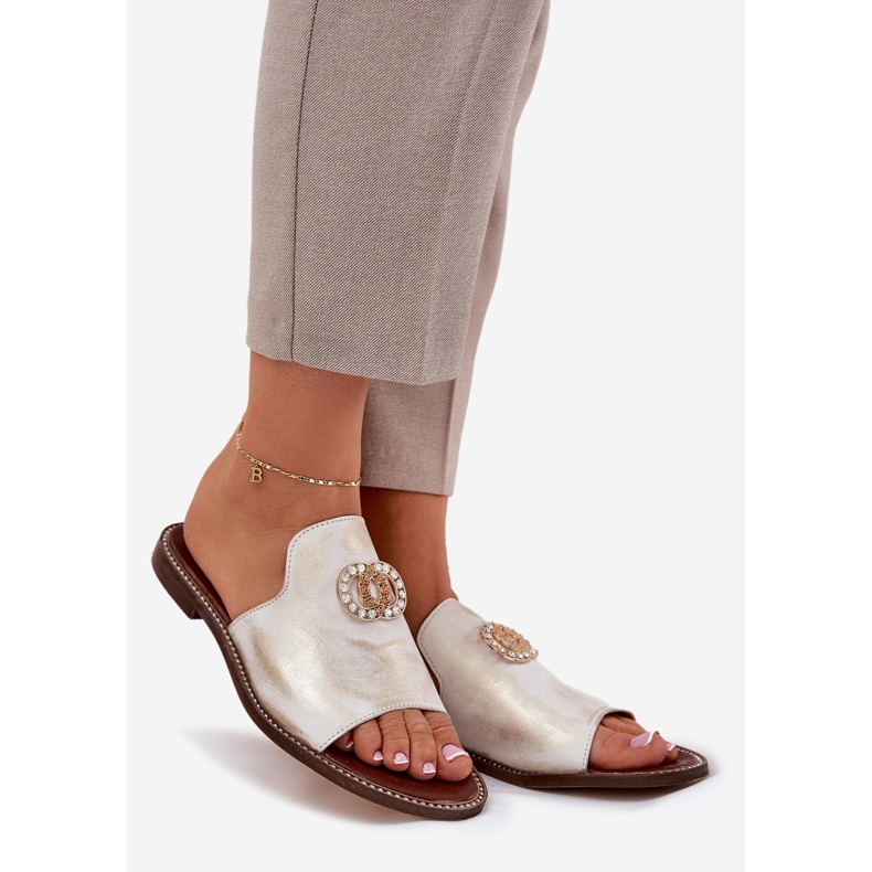 Elegant läderkvinnors flip flops med en zazoo 3008 zloty, torkad gyllene 1