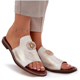 Elegant läderkvinnors flip flops med en zazoo 3008 zloty, torkad gyllene 8