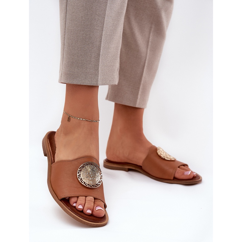 ZAZOO 2938 FLAT -HEELED LÄDER FLOPLES MED CAMEL DECORATION brun 2